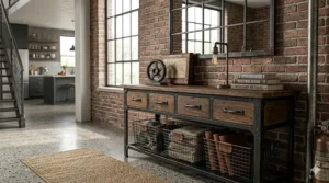 An industrial-style rustic console table with storage drawers and a black metal frame against a brick wall.