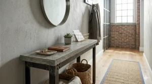 Matte black industrial metal narrow console table styled under a round wall mirror.