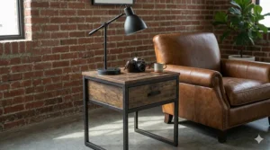 Industrial style end tables for living room designed with dark iron frames and distressed wood tops.