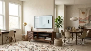 Light oak mid century modern tv stand console displaying books and ceramic decor in a bright room.