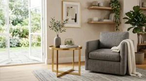 Line art illustration of a luxury gold end table featuring a white geometric marble top.
