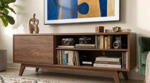 Vintage mid century modern tv stand repurposed as a vinyl record player station and credenza.