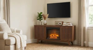 Mid-century modern fireplace tv stand featuring tapered legs and rich walnut wood grain finish.
