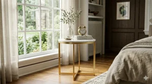 Flat design illustration of a mid-century modern gold end table with tapered tripod legs and a metallic finish.