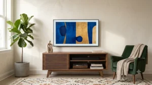 Back view illustration of a mid century modern tv stand highlighting cord cutouts and cable management features.
