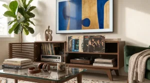 Close up detail of the iconic tapered legs and brass hardware on a mid century modern tv stand.