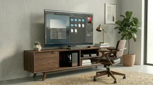 A unique and creative tv stand for 65 inch tv that has been repurposed from an antique industrial work cart, featuring large casters and a weathered metal frame.