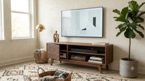A high-detail photograph of a walnut mid century modern tv stand with slatted doors and tapered legs, styled in a bright living room with a large fiddle leaf fig plant.
