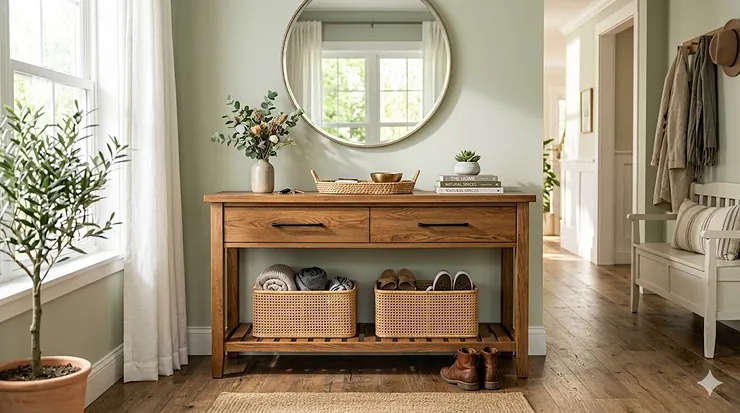 A modern wooden console table with storage drawers and an open bottom shelf styled in a bright home entryway.