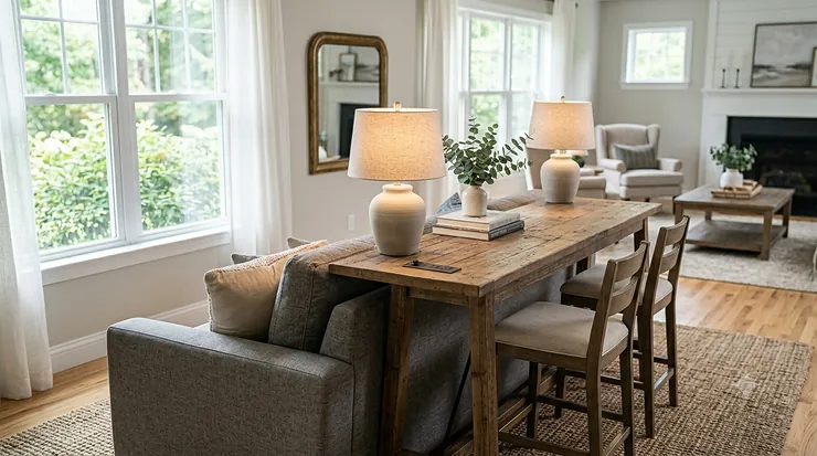 Modern living room featuring a wooden behind sofa table decorated with lamps, books, and a ceramic vase.