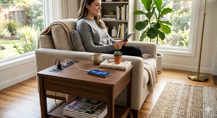 A modern living room sofa flanked by a walnut end table with an integrated charging station powering a phone and tablet. end table with charging station