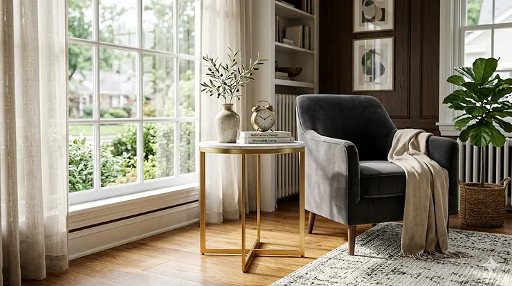 Photorealistic featured image of a modern living room featuring a round gold end table with a marble top, styled next to a charcoal velvet armchair by a window. console table for entryway
