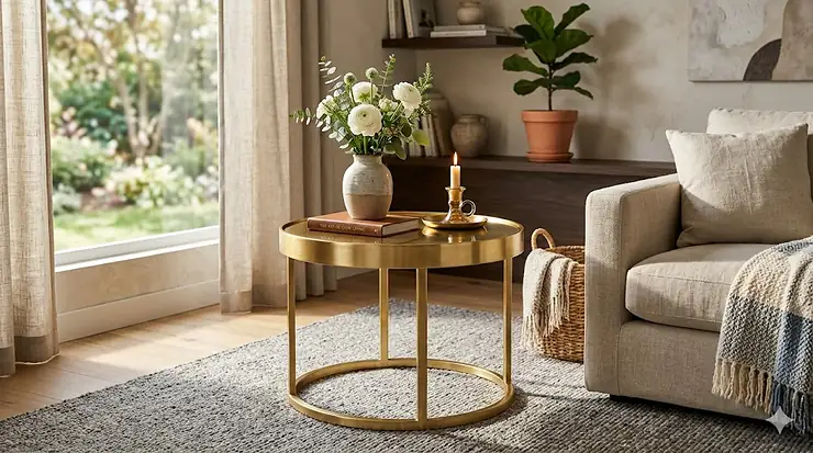 A sleek round gold end table styled with a ceramic vase and books next to a modern grey sofa.