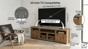 A minimalist and chic tv stand for 65 inch tv made of dark wood, featuring built-in component cubbies, sitting in a contemporary apartment living space with natural light.