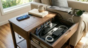 An end table with a charging station simultaneously powering a laptop, smart watch, and wireless headphones.