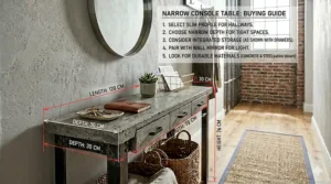 Diagram showing standard dimensions, height, and depth measurements for choosing a narrow console table.