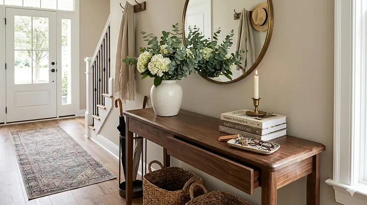Modern narrow console table styled with a ceramic vase and stacked books in a brightly lit home entryway.