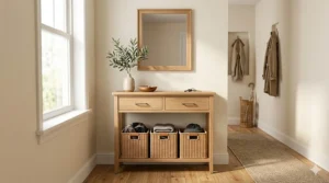 A narrow console table with storage baskets underneath, perfectly fitted into a tight hallway space.