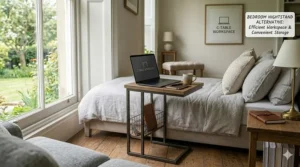 An interior design illustration showing a small narrow end table used as a space-saving nightstand next to a platform bed.
