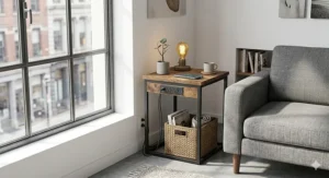 A narrow, space-saving rustic end table with a charging station tucked neatly between an armchair and a wall.