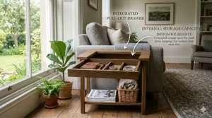 An illustration highlighting a functional narrow end table featuring a pull-out storage drawer and an open bottom display shelf.