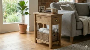 Slim farmhouse end table with storage basket tucked neatly into a small space between an armchair and a wall.