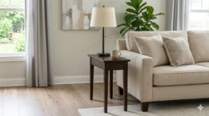 Slim and narrow end tables for living room layout optimization in small apartments or tight spaces.