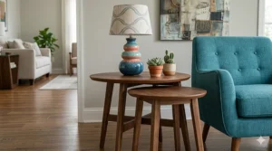 A space-saving set of nesting end tables for living room styling stacked gracefully next to a loveseat.