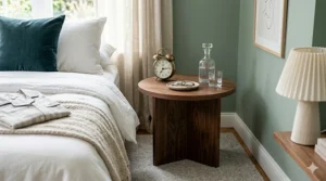 Minimalist round end table used as a bedside nightstand with an alarm clock and reading lamp.