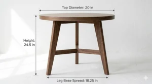 Infographic illustration showing the standard height and diameter dimensions for a classic round end table with tripod legs.