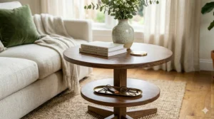 Two tier round end table featuring a lower shelf storing stacked books and a small storage basket.