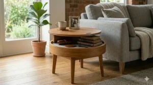 Mid-century modern round end table with storage hidden beneath a removable wooden lid.
