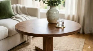 Solid walnut wood round end table highlighting natural grain patterns in a warm home interior.