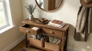 A small entryway console table with storage drawers holding keys, mail, and a decorative vase.