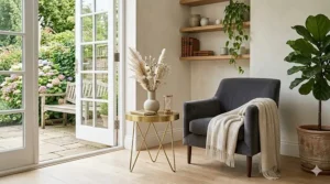 Interior design graphic showing how to style a compact gold end table in a small apartment living room.