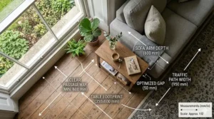 A top-down layout illustration showing how to fit a narrow end table between a sofa and a wall to maximize space in a small living room.