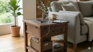 Dark walnut end table with storage compartment featuring built-in USB ports and a wireless charging pad.