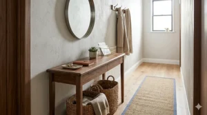 Slim minimalist narrow console table tucked into a small hallway to maximize tight space.