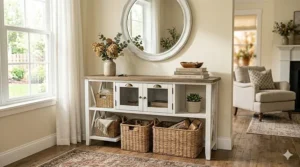 A white farmhouse console table with storage cabinets and X-shaped side details in a cozy living room.