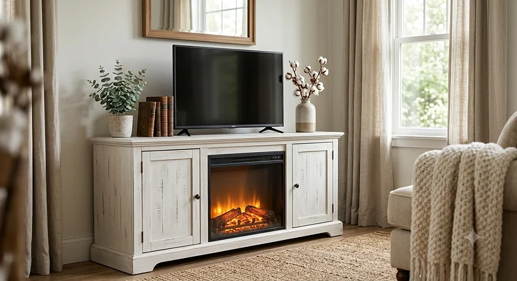 Distressed white farmhouse fireplace tv stand styled with rustic living room decor.