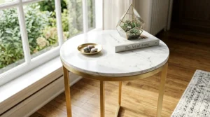 Graphic illustration of a luxury round gold end table featuring a white marble top with gray veining.