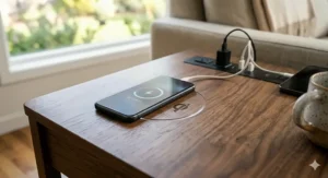A sleek smartphone charging wirelessly on the top surface of a minimalist end table with a charging station.