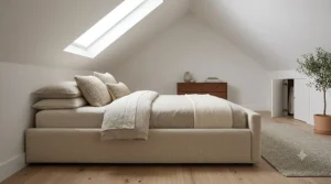 Beige upholstered bed frame positioned under sloped ceilings in a headboard-free attic bedroom.