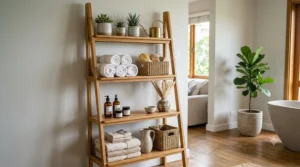 A moisture-resistant bamboo ladder shelf holding rolled white towels, woven storage baskets, and skincare products in a modern bathroom.