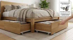 Detailed view of smooth pull-out under-bed storage drawers on rolling casters beneath a modern wooden bed frame.