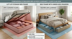 Floor plan diagram comparing required side clearance for under-bed drawers versus zero-clearance access of a lift-up storage bed frame.