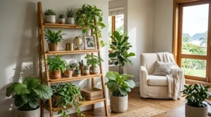 A sunlit leaning ladder bookshelf repurposed as an indoor plant stand holding pothos, succulents, and small potted ferns.