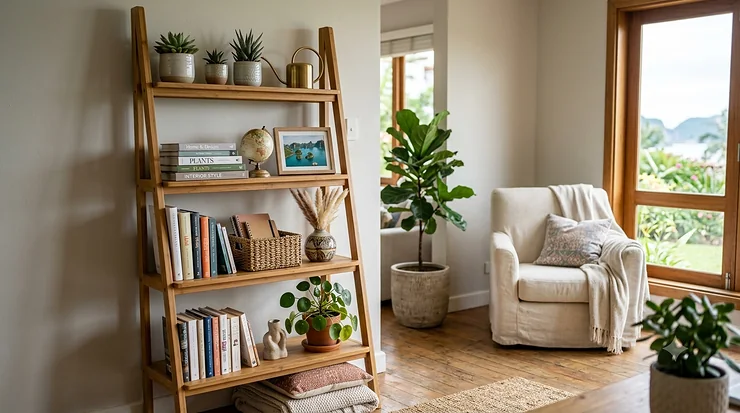 A stylish modern five-tier ladder shelf decorated with books, indoor plants, and ceramic vases in a bright living room.