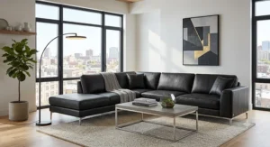 Contemporary black leather living room set with a large L-shaped sectional sofa and sleek metal legs.