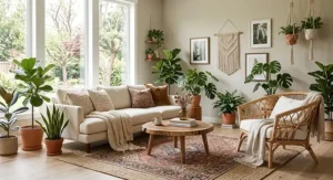 Boho chic living room furniture set with a cream-colored fabric sofa, a rattan accent chair, and abundant leafy green houseplants.